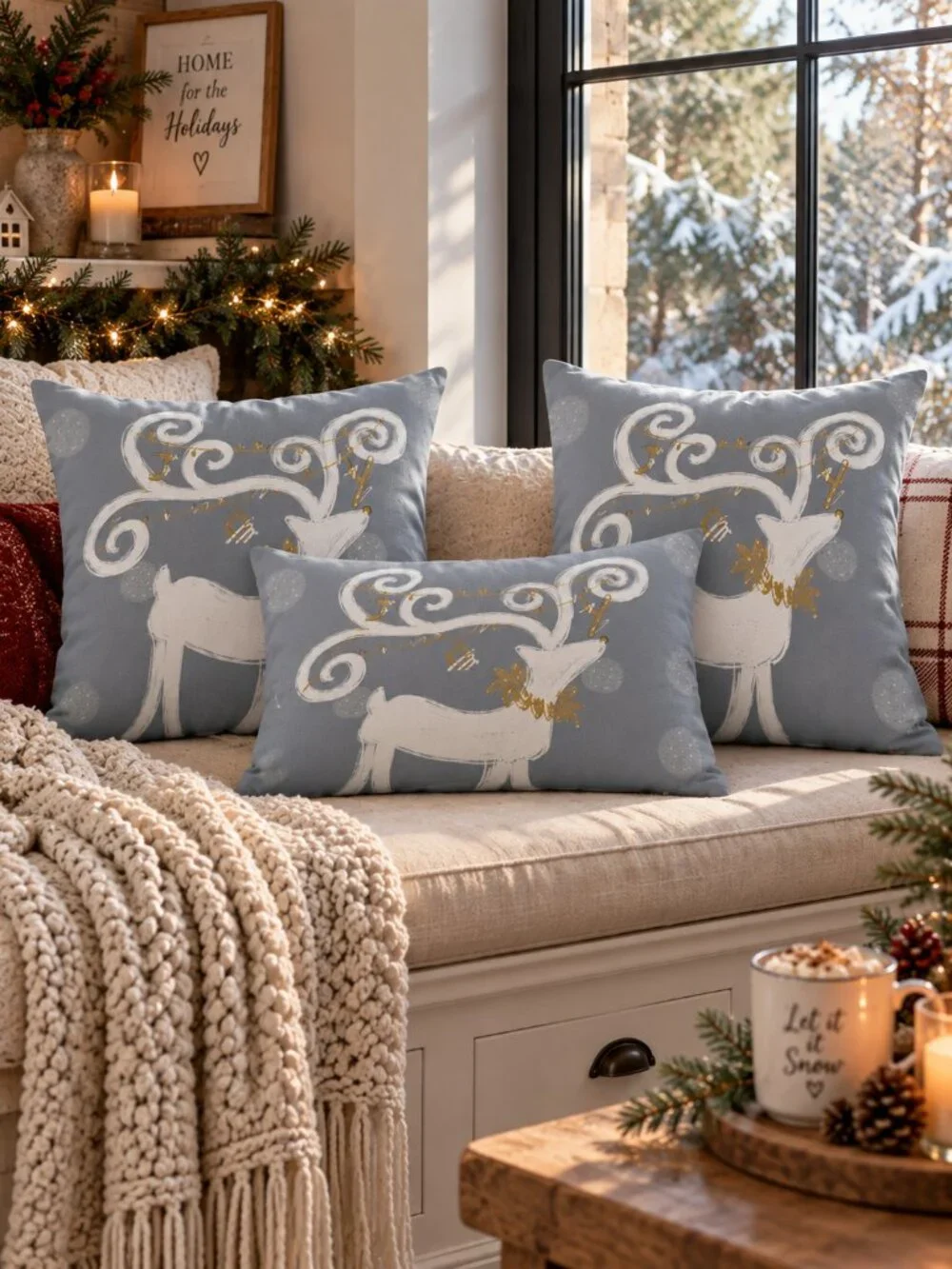 Christmas Throw Pillow Cover Set of 3 Whimsical Reindeer Gray Gold 18x18 Lumbar